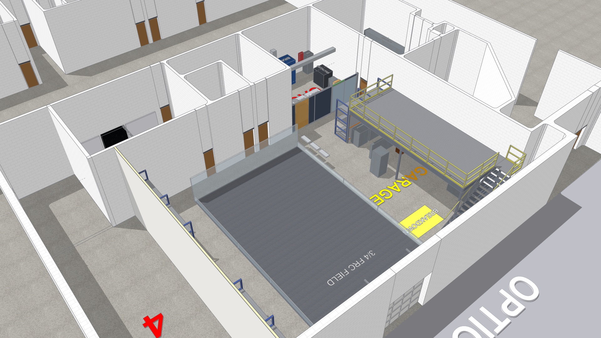 Cutaway view of the garage with the practice field, mezzanine, and fabrication cage